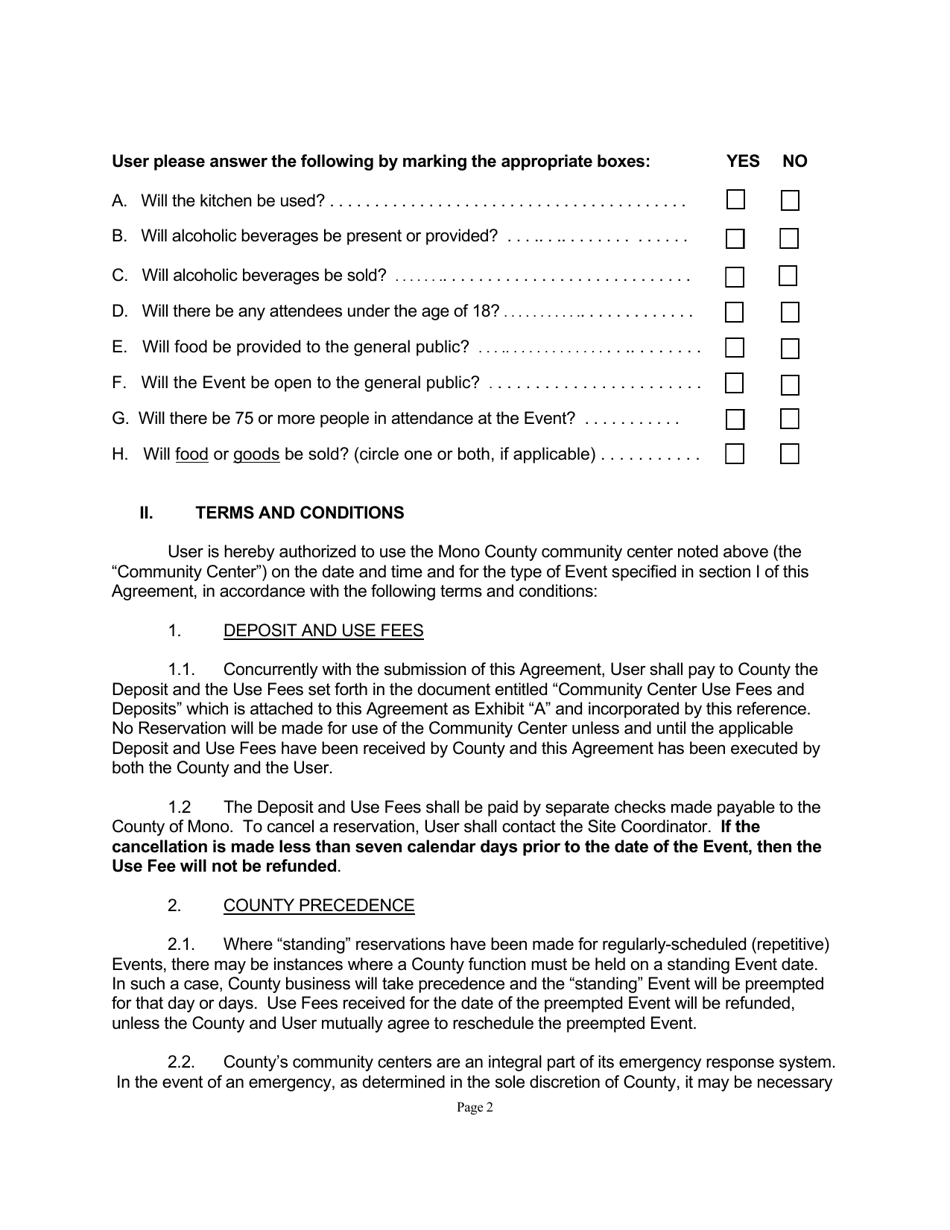 Community Center Use Agreement for Crowley Lake - Mono County, California, Page 2