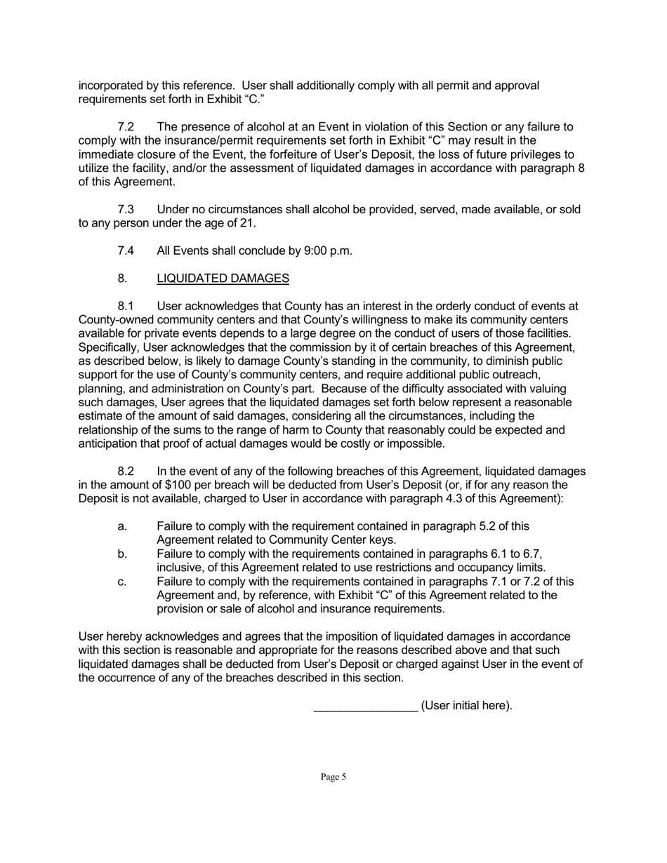 Community Center Use Agreement for Crowley Lake - Mono County, California, Page 5
