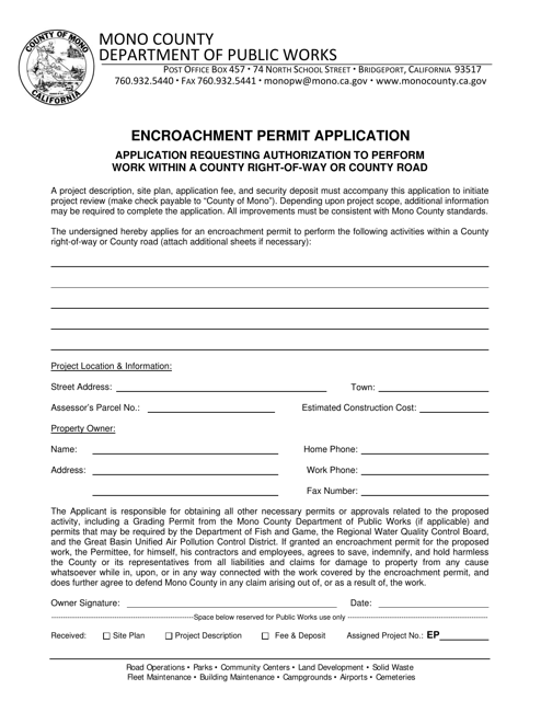Encroachment Permit Application - Mono County, California Download Pdf