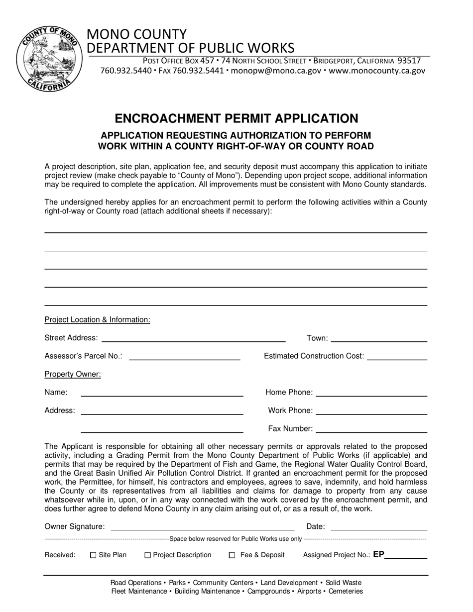 Encroachment Permit Application - Mono County, California, Page 1