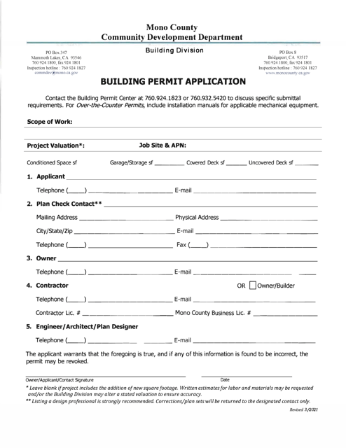 Building Permit Application for New Construction - Mono County, California Download Pdf