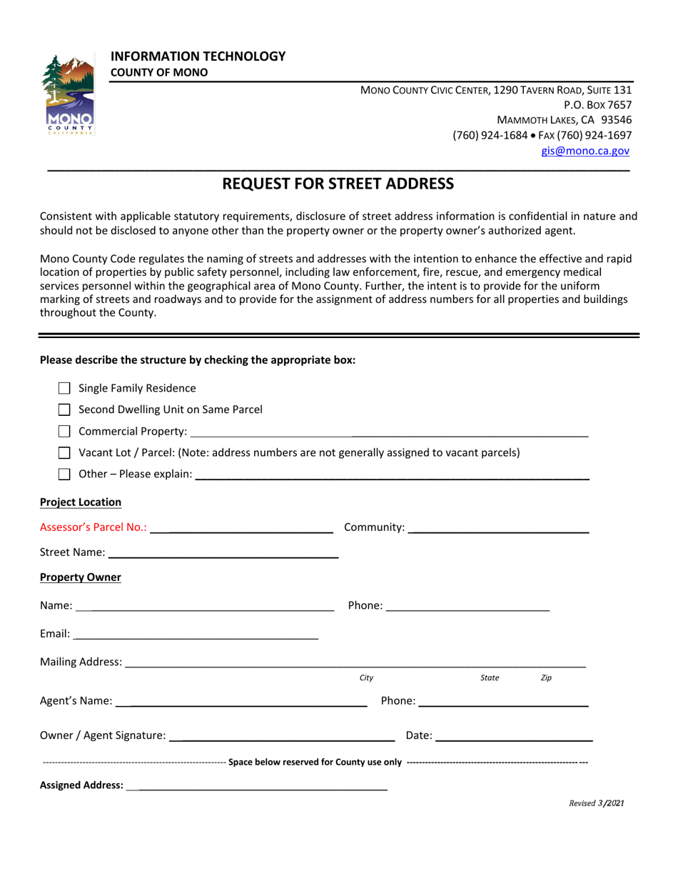 Mono County, California Building Permit Application for New