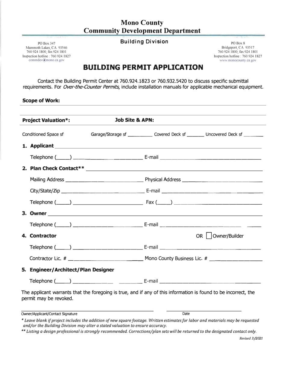 Building Permit Application for New Construction - Mono County, California, Page 1