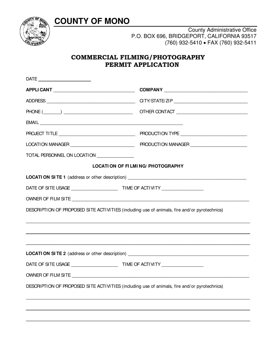 Commercial Filming / Photography Permit Application - Mono County, California, Page 1