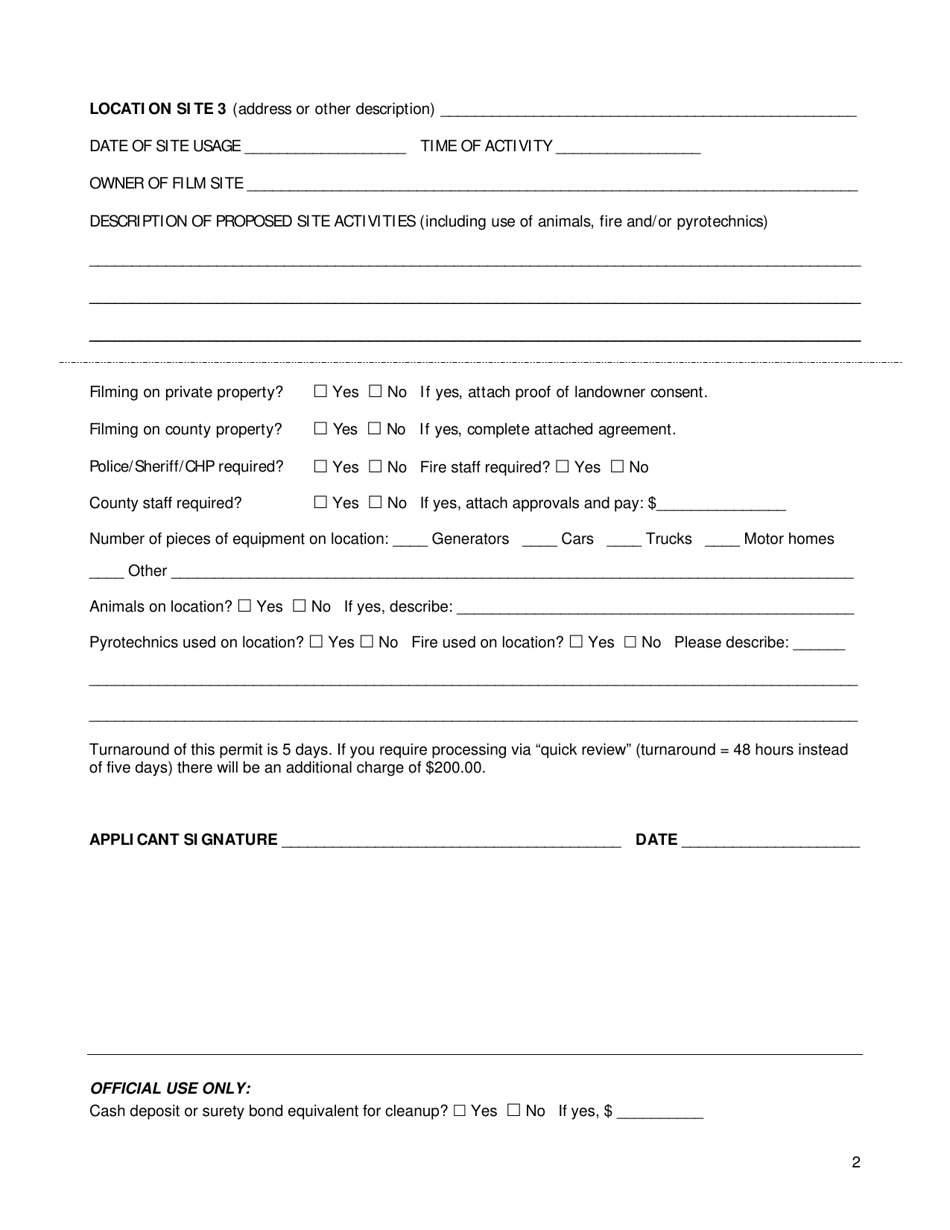 Commercial Filming / Photography Permit Application - Mono County, California, Page 2