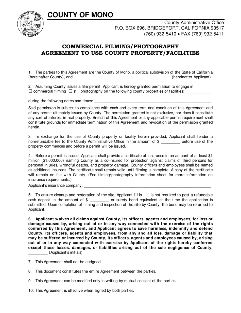 Commercial Filming / Photography Permit Application - Mono County, California, Page 3