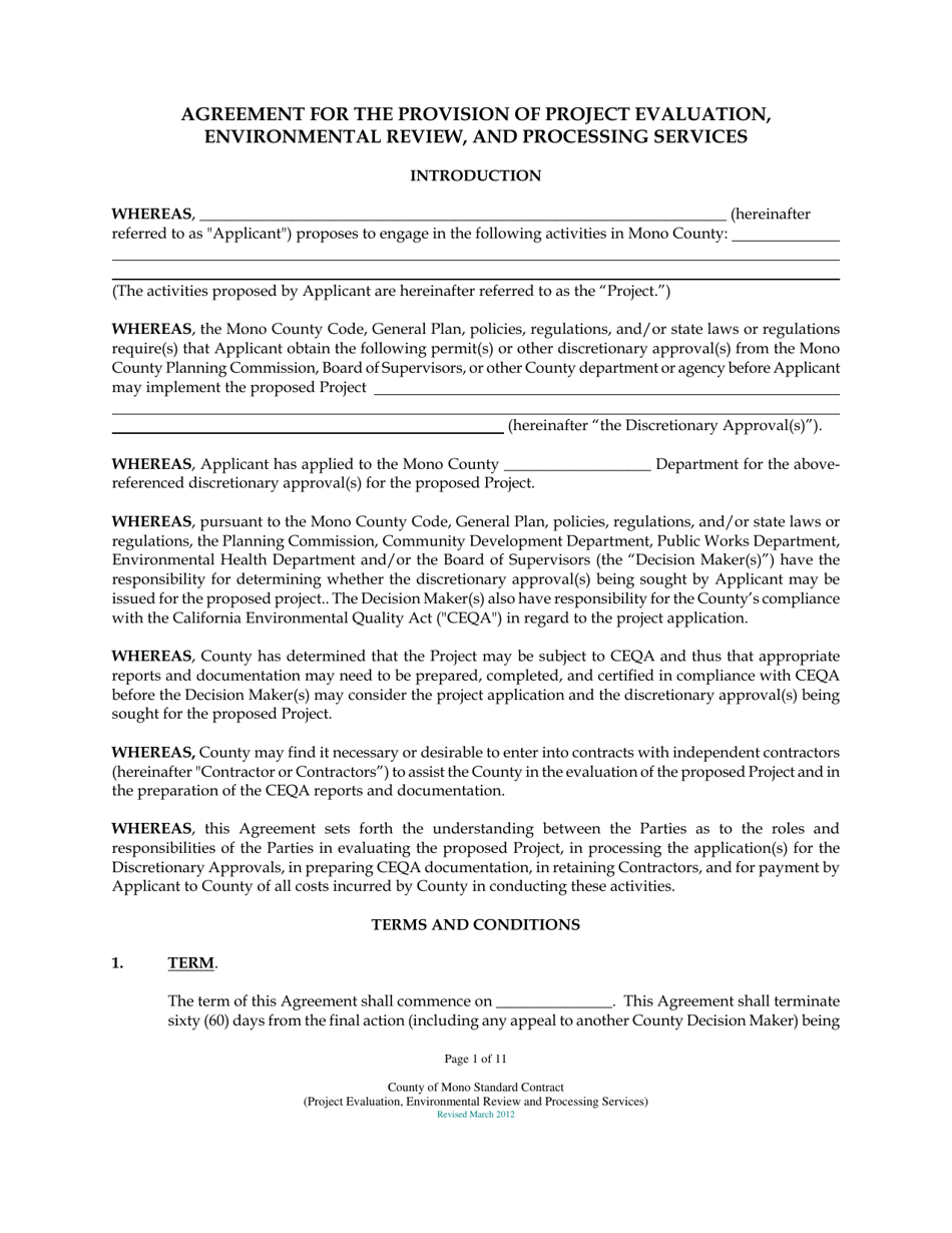 Mono County, California Agreement for the Provision of Project ...