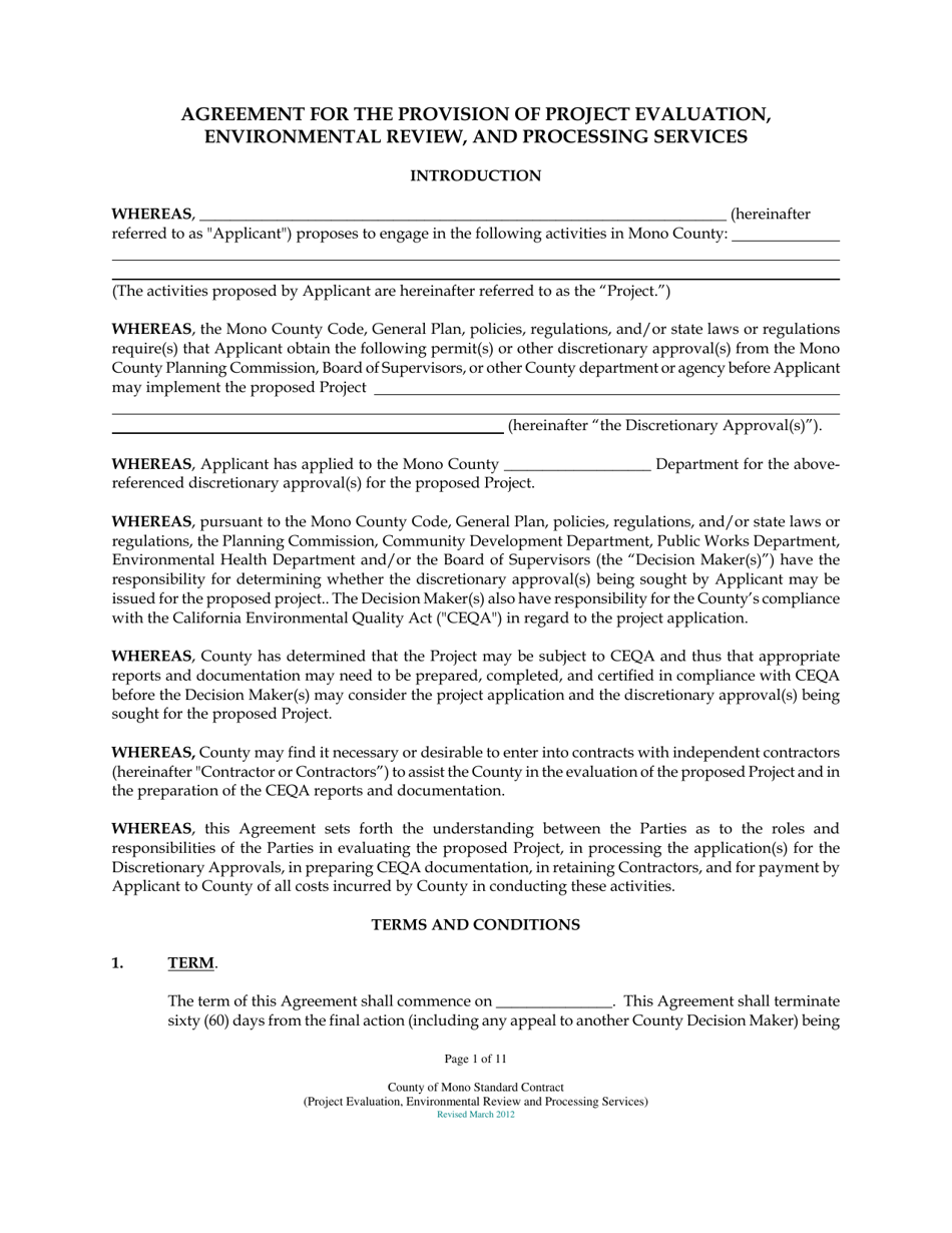 Agreement for the Provision of Project Evaluation, Environmental Review, and Processing Services - Mono County, California, Page 1