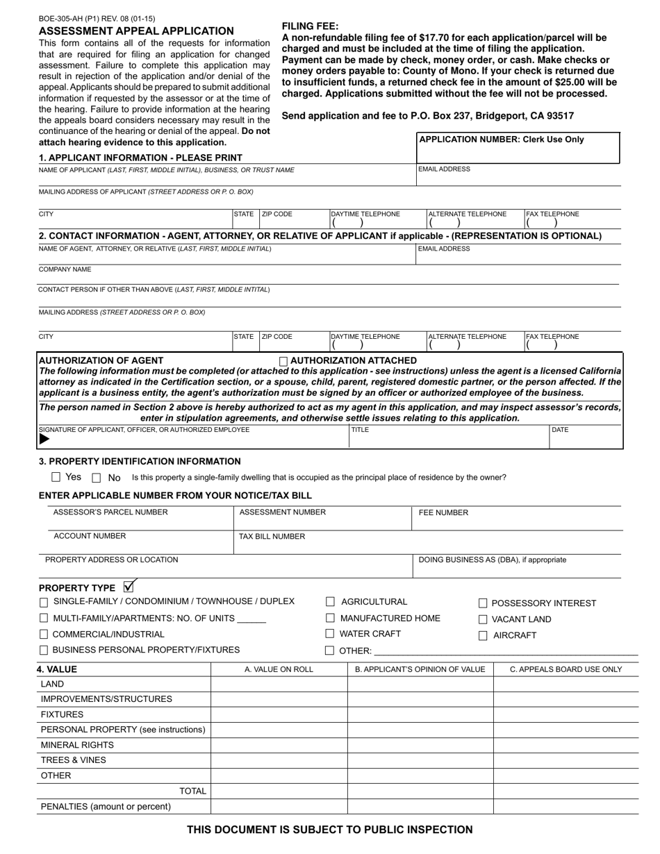 Form BOE-305-AH Assessment Appeal Application - Mono County, California, Page 1
