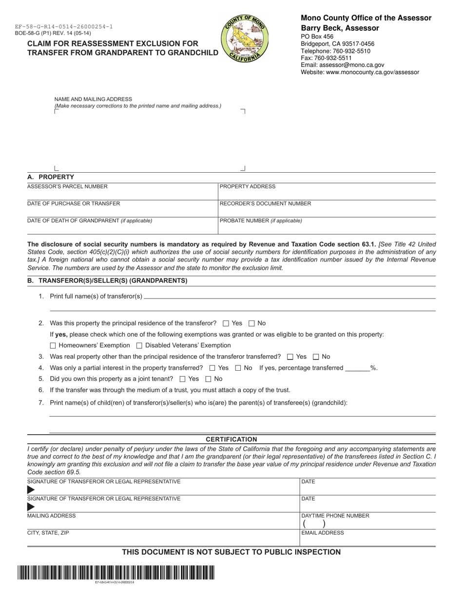 Form BOE-58-G Claim for Reassessment Exclusion for Transfer From Grandparent to Grandchild - Mono County, California, Page 1