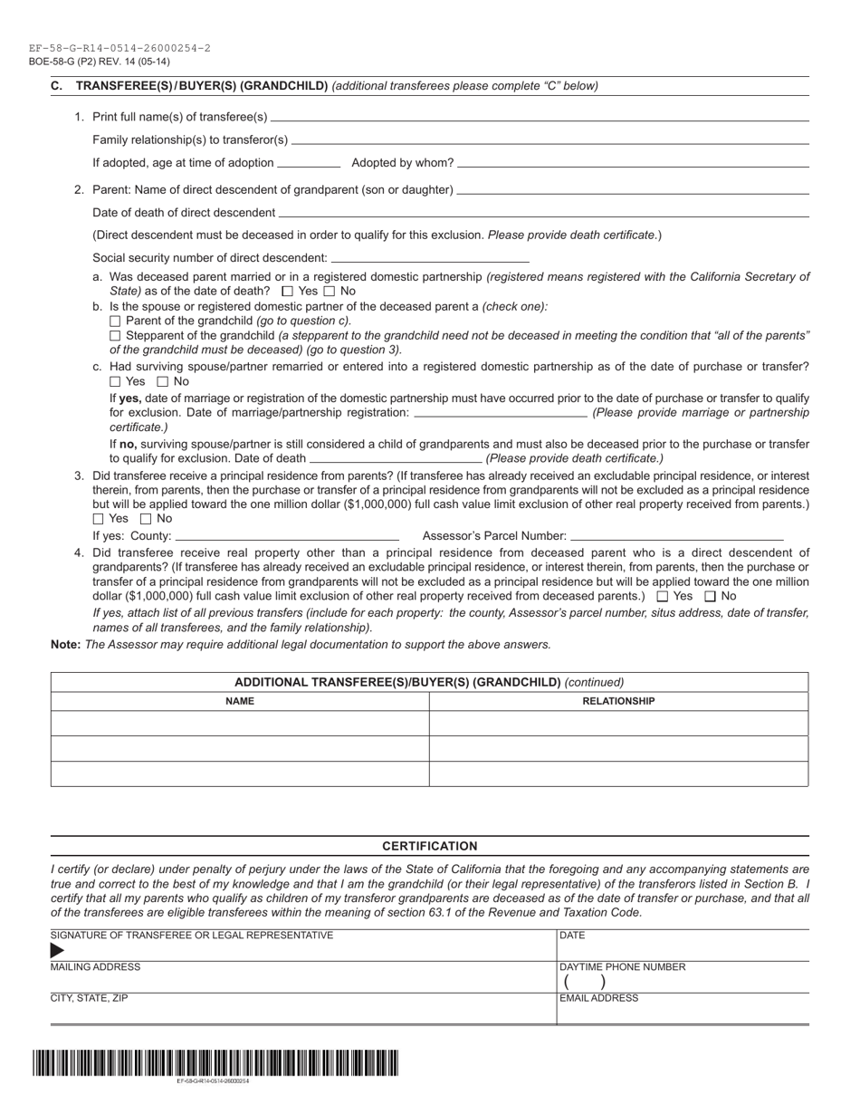 Form BOE-58-G Claim for Reassessment Exclusion for Transfer From Grandparent to Grandchild - Mono County, California, Page 2