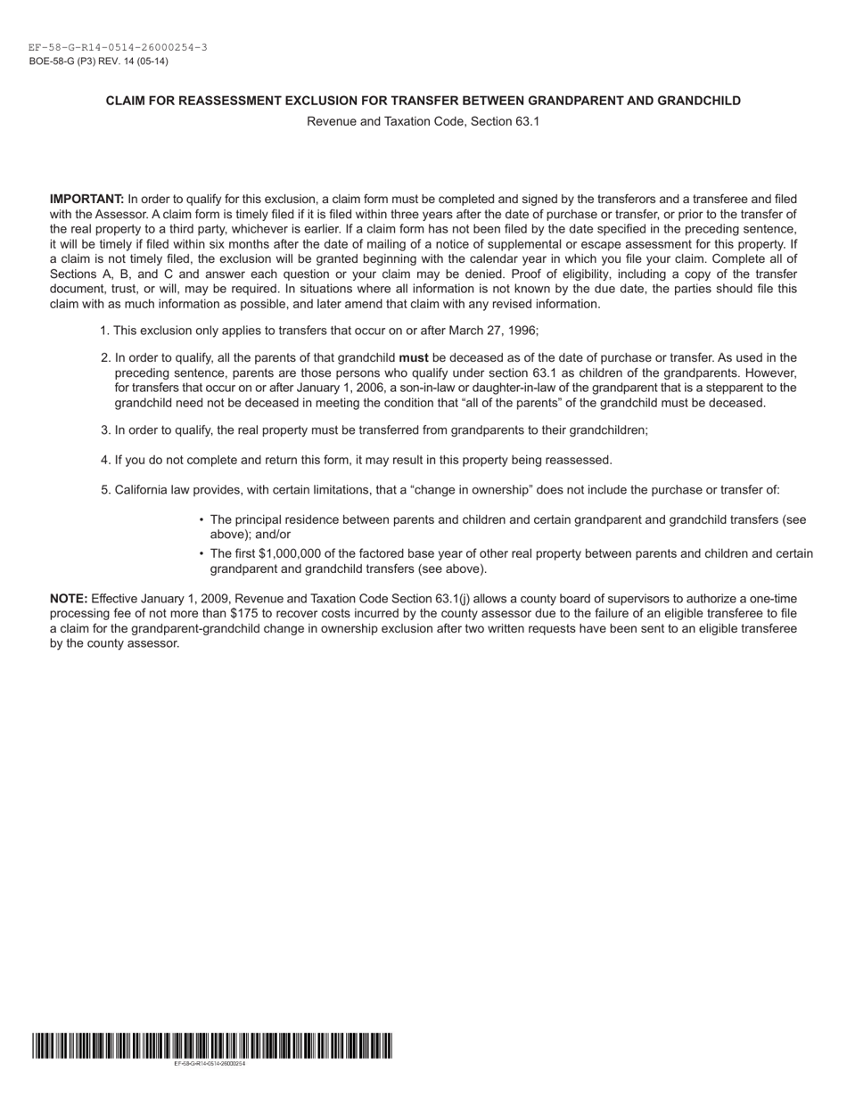 Form BOE-58-G Claim for Reassessment Exclusion for Transfer From Grandparent to Grandchild - Mono County, California, Page 3