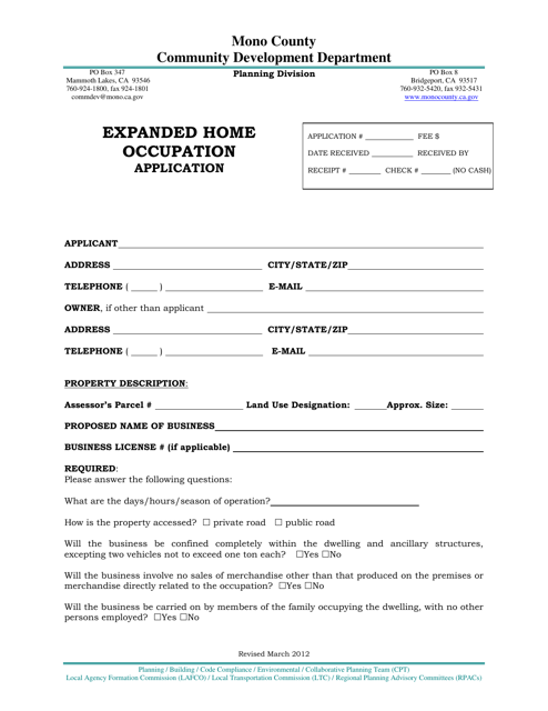 Expanded Home Occupation Application - Mono County, California