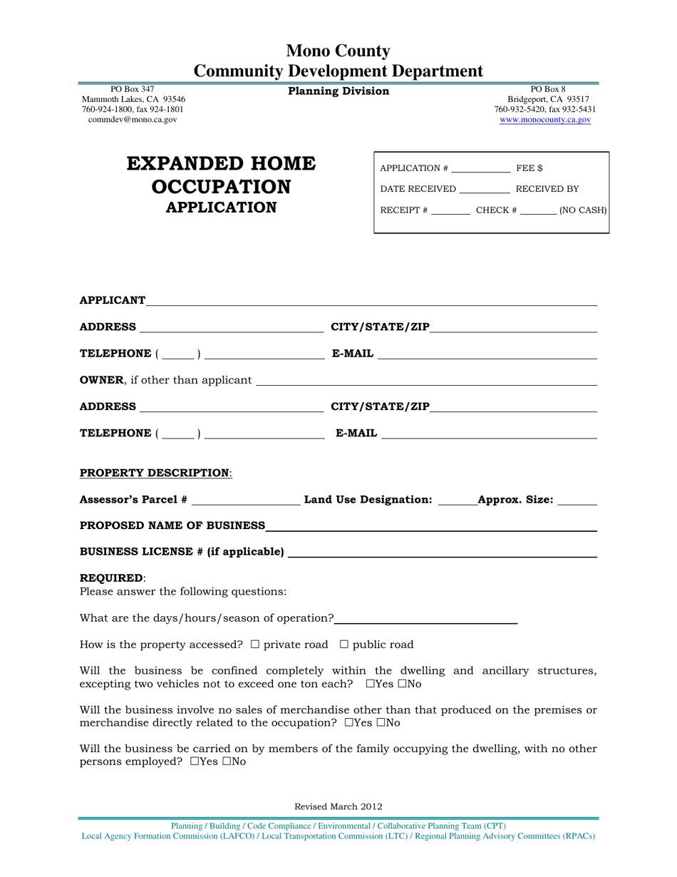 Expanded Home Occupation Application - Mono County, California, Page 1