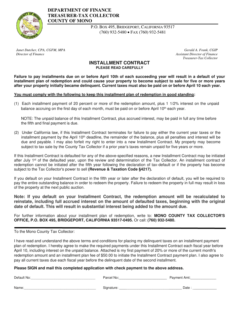 Mono County, California Installment Contract Fill Out, Sign Online