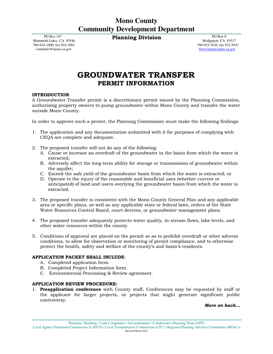 Groundwater Transfer Permit Application - Mono County, California, Page 1