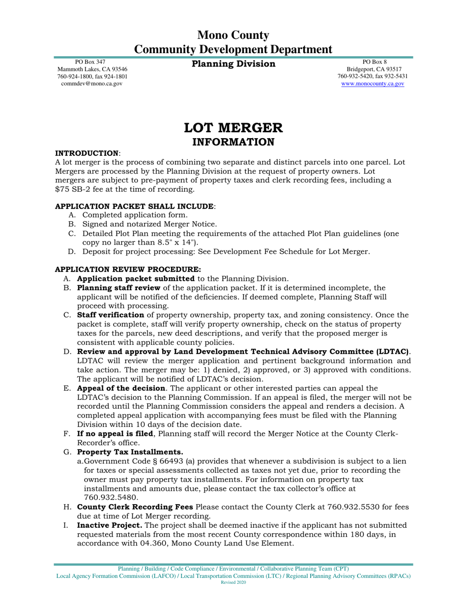 Lot Merger Application - Mono County, California, Page 1