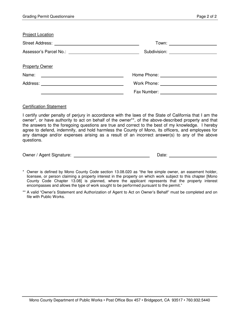 Grading Permit Application - Mono County, California, Page 2
