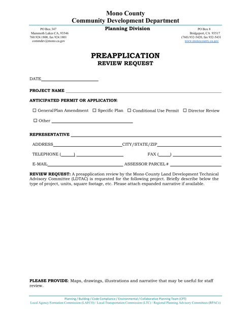 Preapplication Review Request - Mono County, California Download Pdf