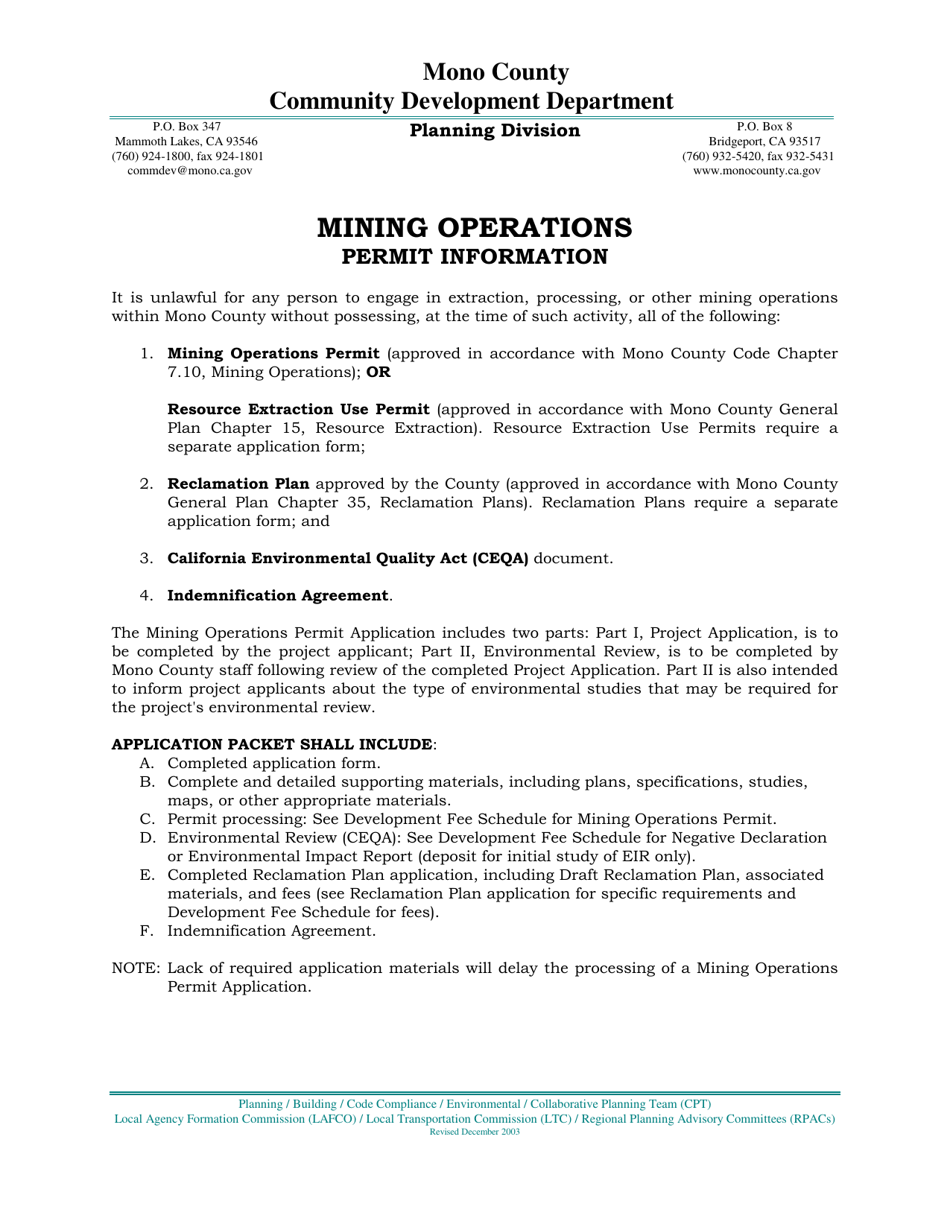 Mining Operations Permit Application - Mono County, California, Page 1