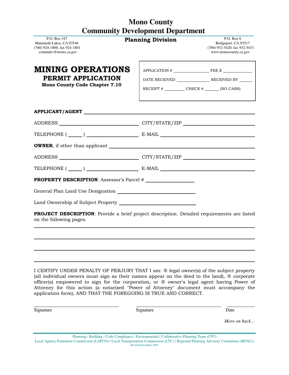 Mining Operations Permit Application - Mono County, California, Page 2