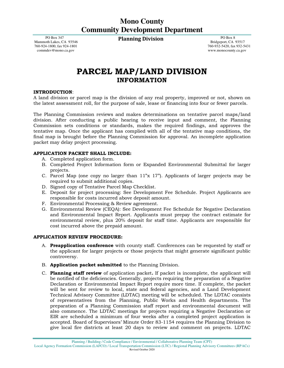 Mono County, California Parcel Map/Land Division Application Fill Out
