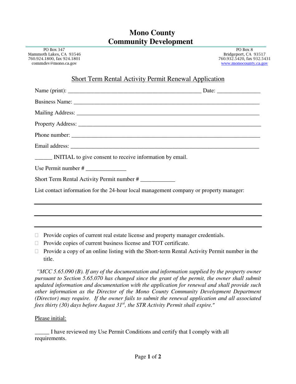 Short Term Rental Activity Permit Renewal Application - Mono County, California, Page 1