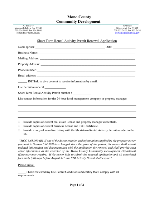 Short Term Rental Activity Permit Renewal Application - Mono County, California Download Pdf