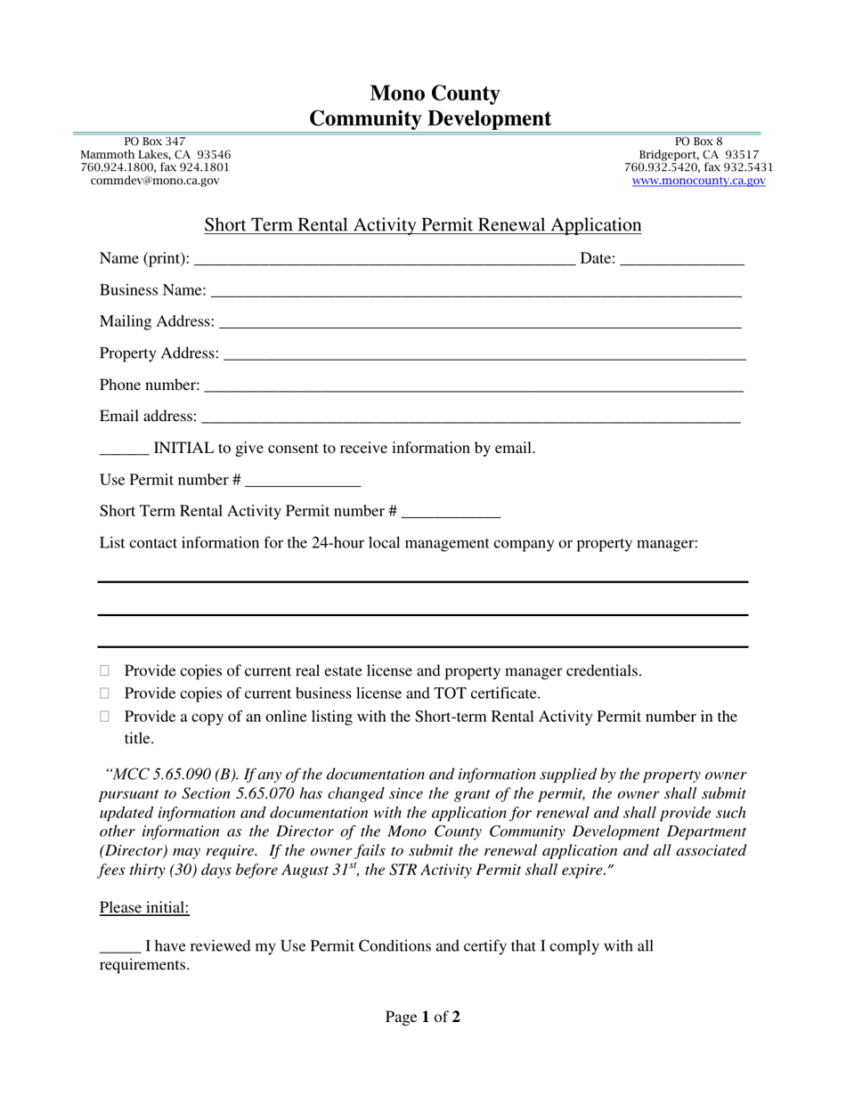 Mono County, California Short Term Rental Activity Permit Renewal