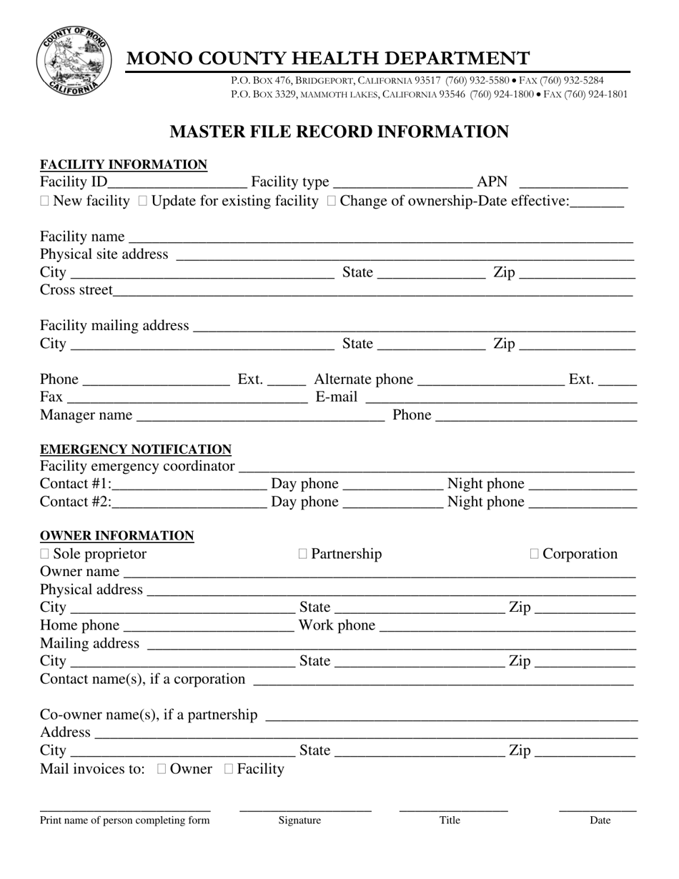 Master File Record Information - Mono County, California, Page 1