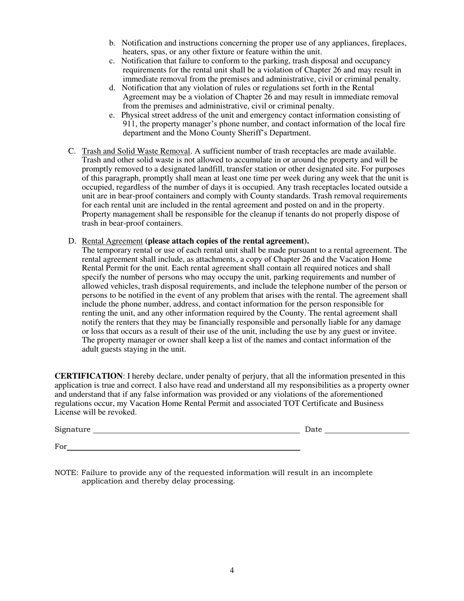 Vacation Home Rental Permit - Mono County, California, Page 4