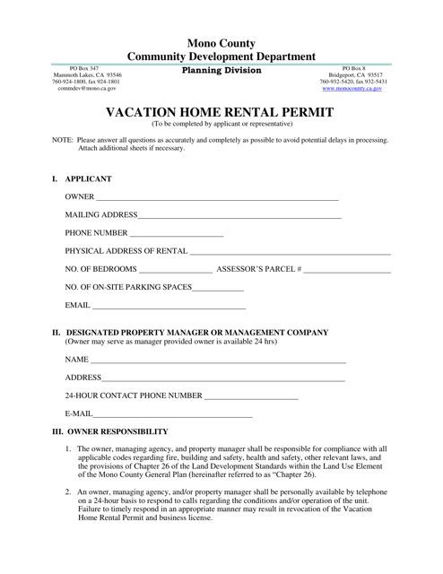 Vacation Home Rental Permit - Mono County, California Download Pdf