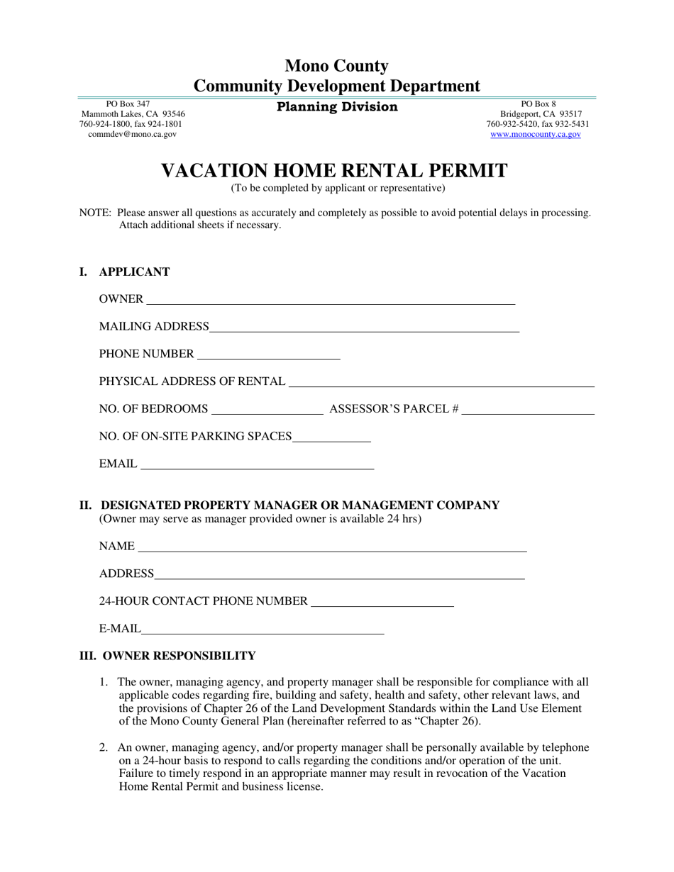 Mono County, California Vacation Home Rental Permit Download Printable