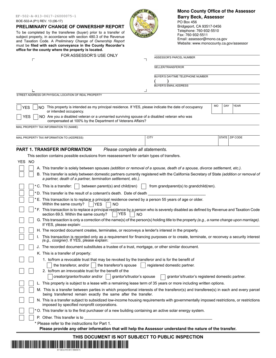 Form BOE-502-A Preliminary Change of Ownership Report - Mono County, California, Page 1