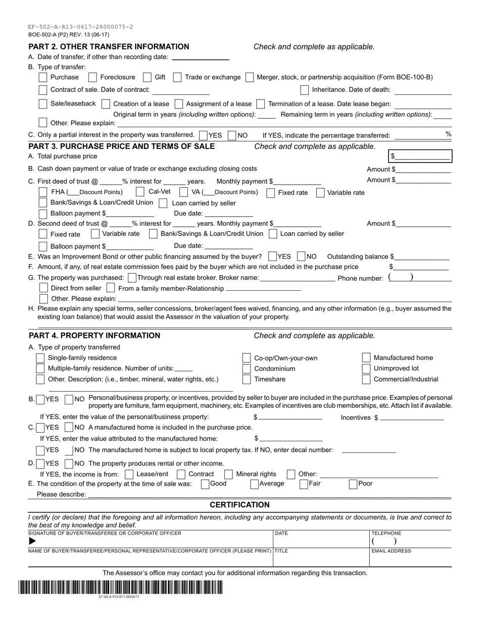 Form BOE-502-A - Fill Out, Sign Online and Download Fillable PDF, Mono ...