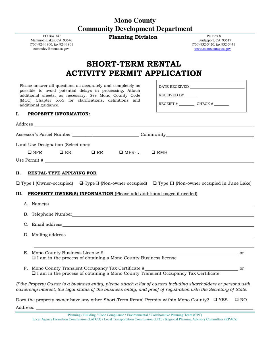 Short-Term Rental Activity Permit Application - Mono County, California, Page 1