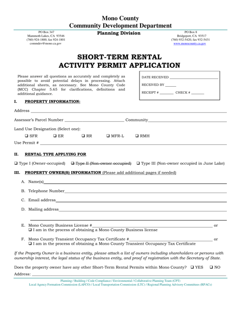 Short-Term Rental Activity Permit Application - Mono County, California Download Pdf