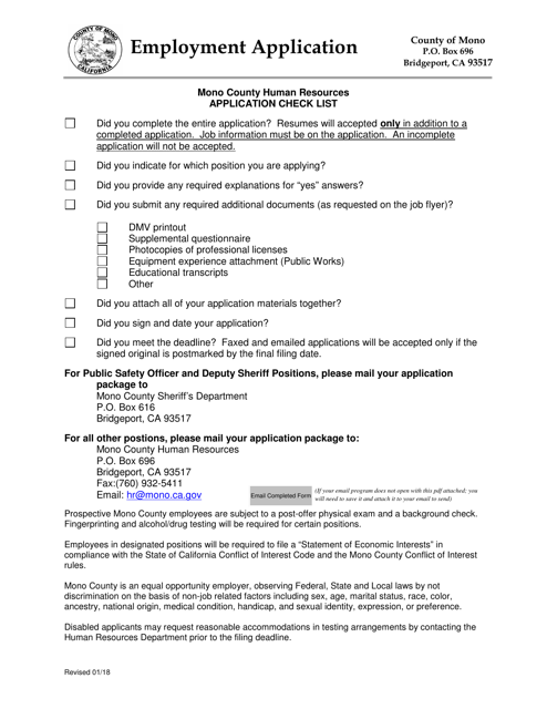 Employment Application - Mono County, California Download Pdf