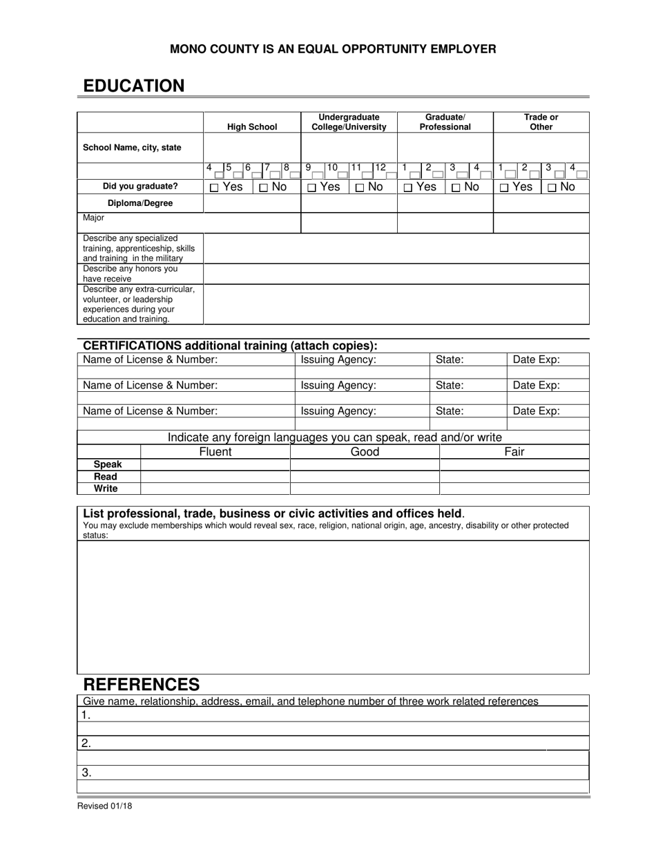 Employment Application - Mono County, California, Page 3
