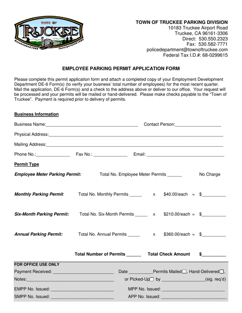 Employee Parking Permit Application Form - Town of Truckee, California Download Pdf