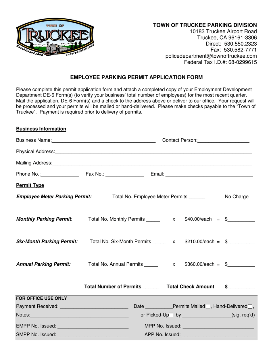 Employee Parking Permit Application Form - Town of Truckee, California, Page 1