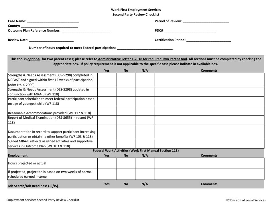 Work First Employment Services Second Party Review Checklist - North Carolina, Page 1