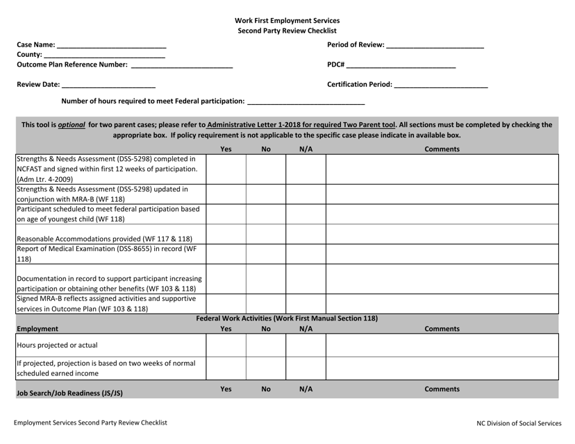 Work First Employment Services Second Party Review Checklist - North Carolina Download Pdf