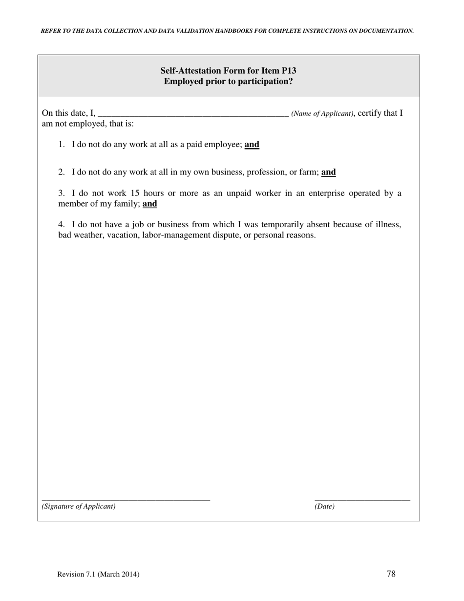 Self-attestation Form for Item P13 - Employed Prior to Participation - North Carolina, Page 1