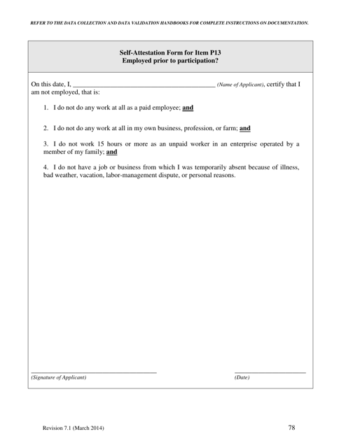 Self-attestation Form for Item P13 - Employed Prior to Participation - North Carolina Download Pdf