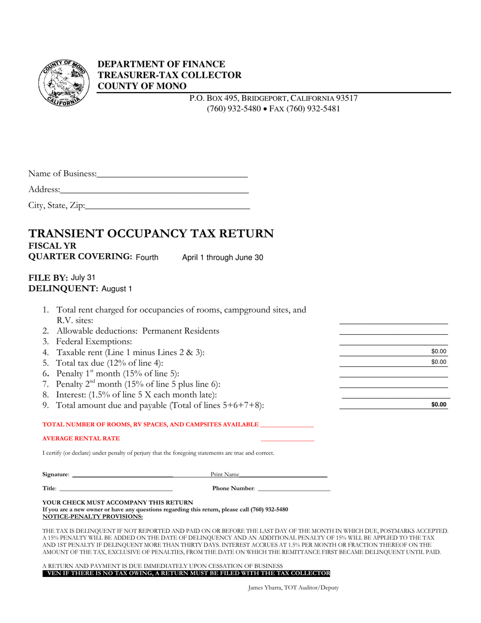 Transient Occupancy Tax Return - Mono County, California, Page 1