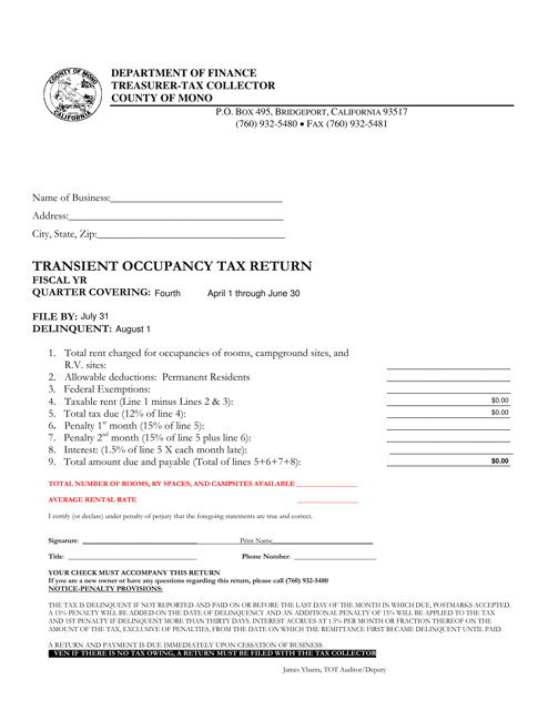 Transient Occupancy Tax Return - Mono County, California Download Pdf