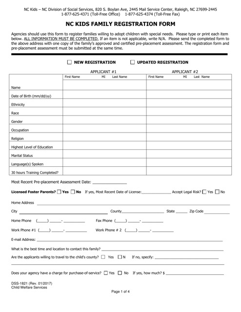 Form DSS-1821 Nc Kids Family Registration Form - North Carolina