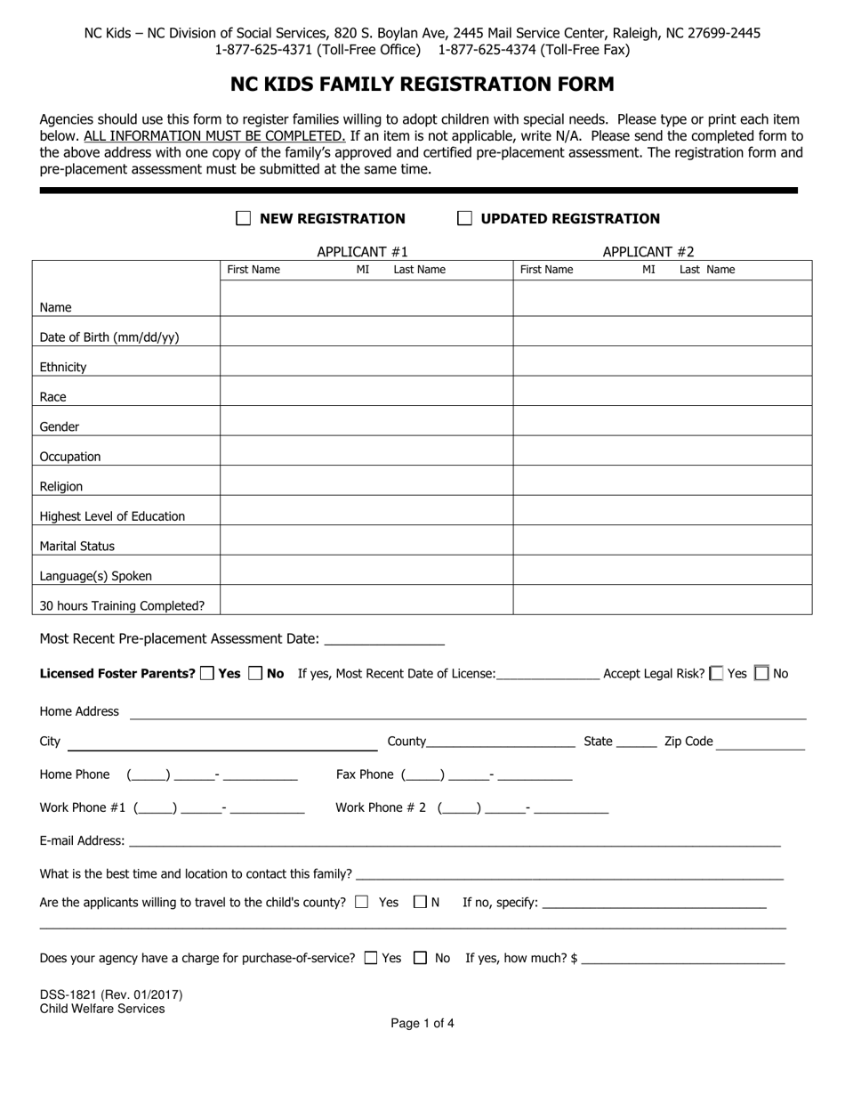 Form DSS-1821 Nc Kids Family Registration Form - North Carolina, Page 1