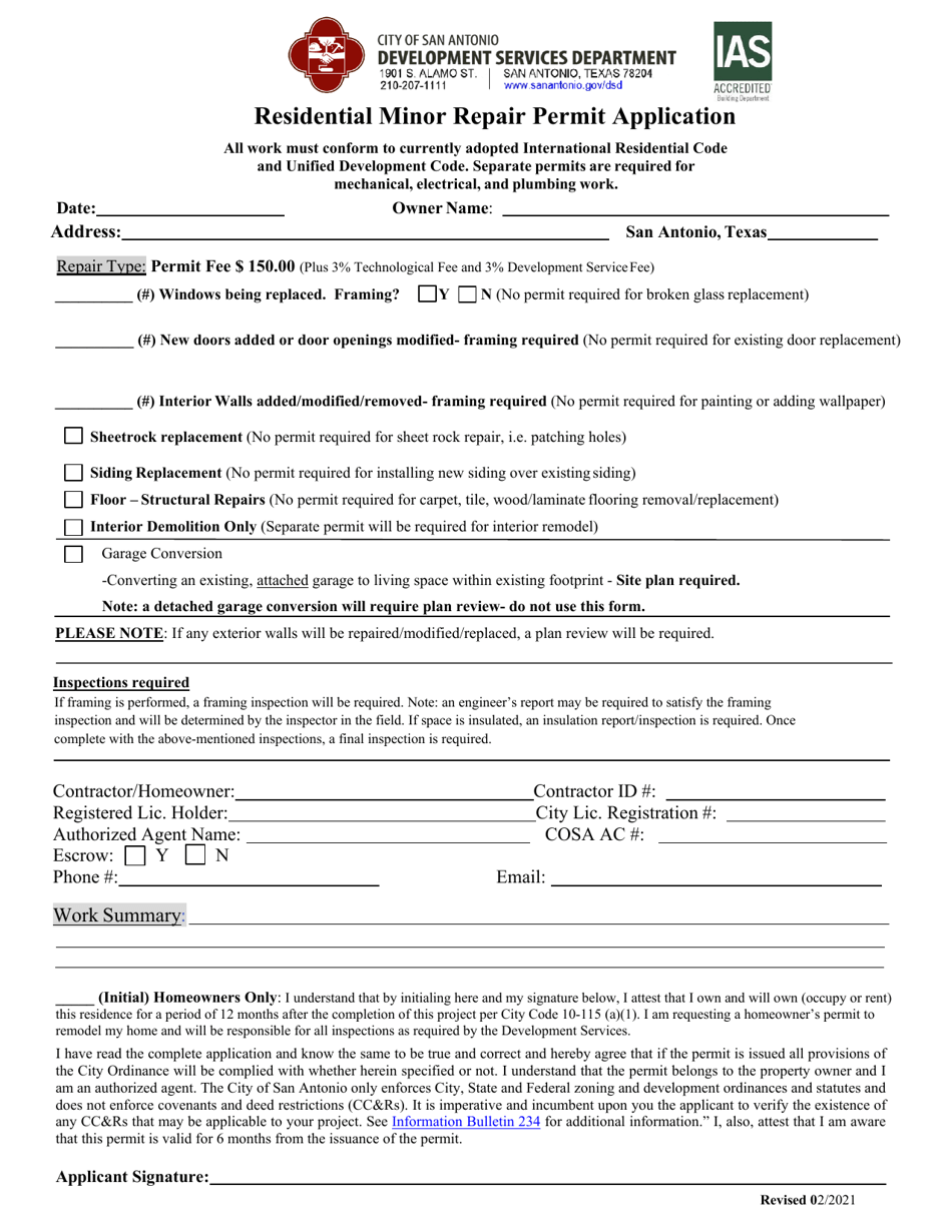 Residential Minor Repair Permit Application - City of San Antonio, Texas, Page 1